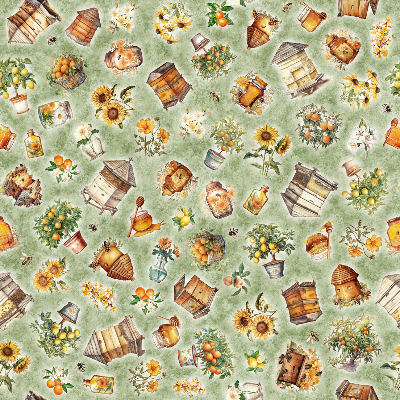 Queen Bee by Morris Creative Group Bee Hive & Plant Toss Sage    30485H Cotton Woven Fabric