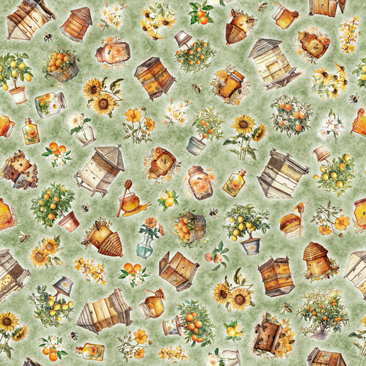 Queen Bee by Morris Creative Group Bee Hive & Plant Toss Sage 30485H Cotton Woven Fabric
