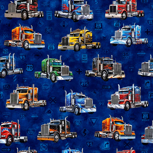 Heavy Metal by Morris Creative Group Big Rigs Midnight 30704W Cotton Woven Fabric