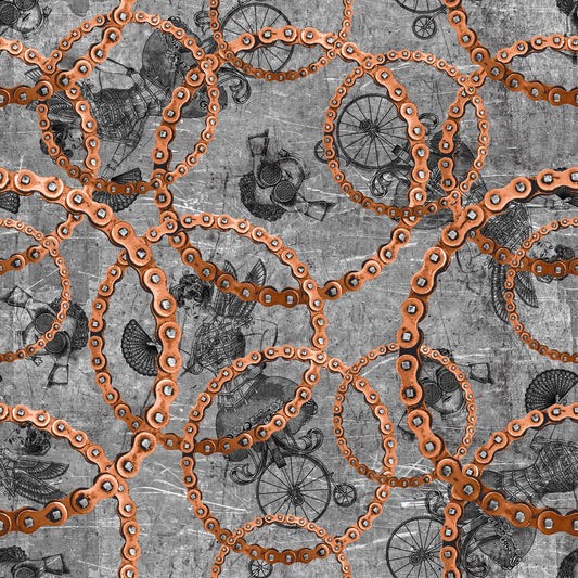 PREORDER ITEM - EXPECTED FEBRUARY 2025: Full Steam Ahead Bike Chains Gray    3935-90 Cotton Woven Fabric