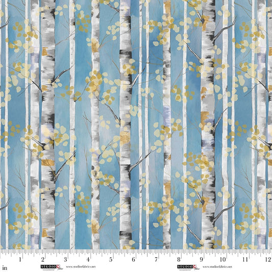 PREORDER ITEM EXPECTED IN JANUARY 2026: Behind Blue Eyes Digital by Funny Girl Birch Trees Slate 8649-79 Cotton Woven Fabric