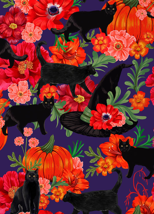 Haunted House Black Cat Witch Hat Purple 9070a Cotton Woven Fabric