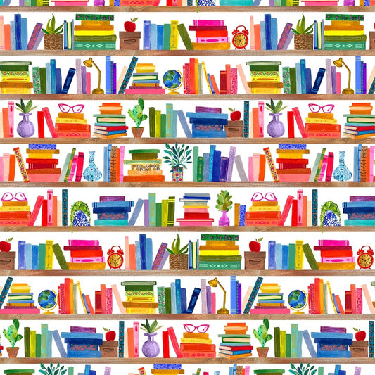 Books are Magic by Katherine Herrell Bookshelves White DDC12572-WHIT Cotton Woven Fabric