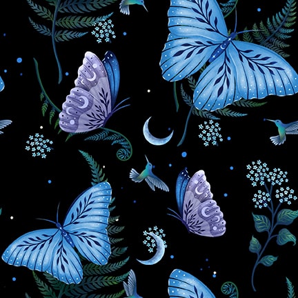 PREORDER ITEM - EXPECTED OCTOBER 2024: Jardin de Lune Glow by Episodic Drawings Butterflies Black    3827G-99 Cotton Woven Fabric