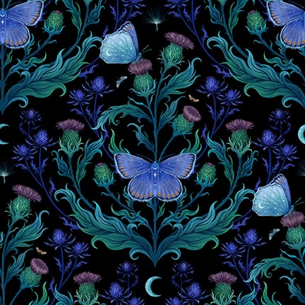 PREORDER ITEM - EXPECTED OCTOBER 2024: Jardin de Lune Glow by Episodic Drawings Butterflies with Greenery Black    3828G-99 Cotton Woven Fabric