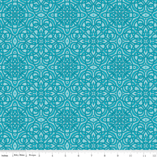 PREORDER ITEM - EXPECTED SEPTEMBER 2025: Celtic Cats by Brigid Ashwood Collection Celtic Knots Aqua    CD16583-AQUA Cotton Woven Fabric