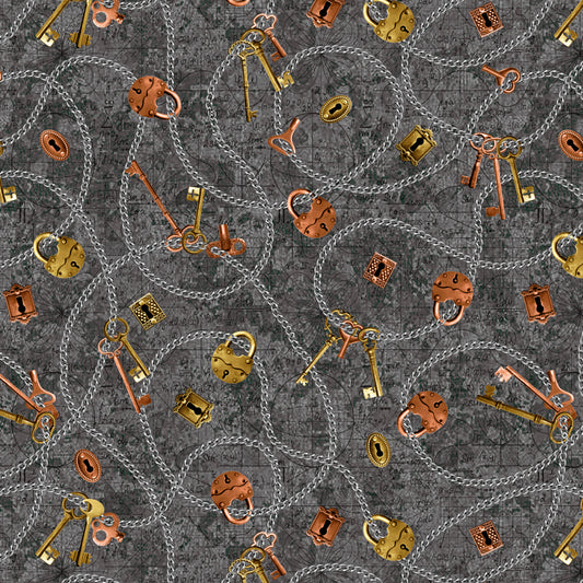 Full Steam Ahead Chains, Keys and Locks Gray 3938-95 Cotton Woven Fabric