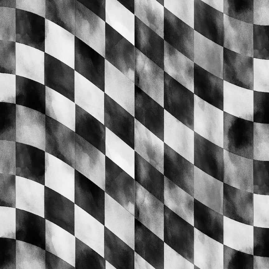PREORDER ITEM - EXPECTED FEBRUARY 2026: Road Runner by Michael Moon Checkered Flag Grey    24173-GRY Cotton Woven Fabric