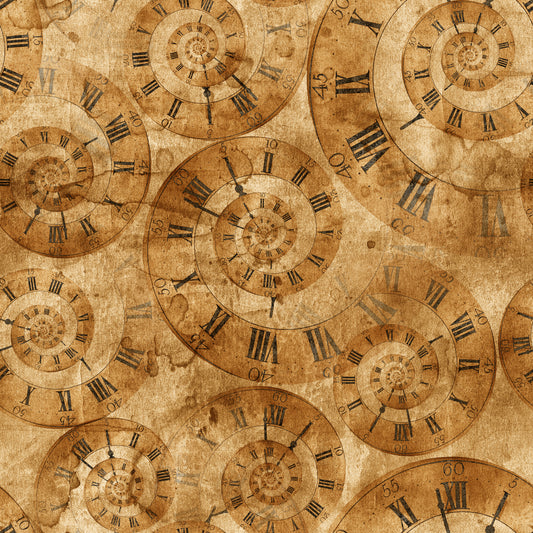 PREORDER ITEM - EXPECTED FEBRUARY 2025: Full Steam Ahead Clock Swirls Tan    3923-30 Cotton Woven Fabric