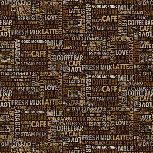 Happiness in a Cup Coffee Menu & Quotes Black CD3423-BLACK Cotton Woven Fabric