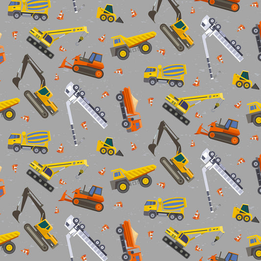 Let's Go Digital Construction Vehicles Gray Y4465-6 Cotton Woven Fabric