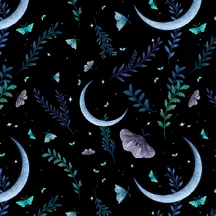 PREORDER ITEM - EXPECTED OCTOBER 2024: Jardin de Lune Glow by Episodic Drawings Crescent Moons with Butterflies Black    3832G-99 Cotton Woven Fabric