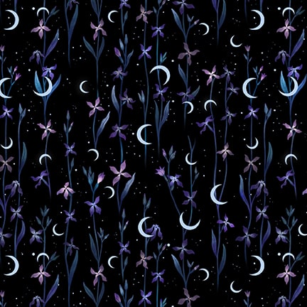 PREORDER ITEM - EXPECTED OCTOBER 2024: Jardin de Lune Glow by Episodic Drawings Crescent Moons with Flowers Black    3830G-99 Cotton Woven Fabric