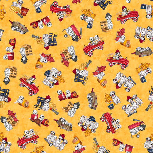 American Heroes Firefighters by Morris Creative Group Dalmations & Fire Trucks Gold    30682S Cotton Woven Fabric