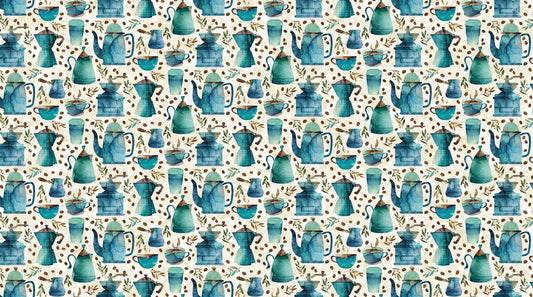 Barista by Deborah Edwards and Melanie Samra Digitally Printed Coffee Pots Cream Multi DP27697-11 Cotton Woven Fabric