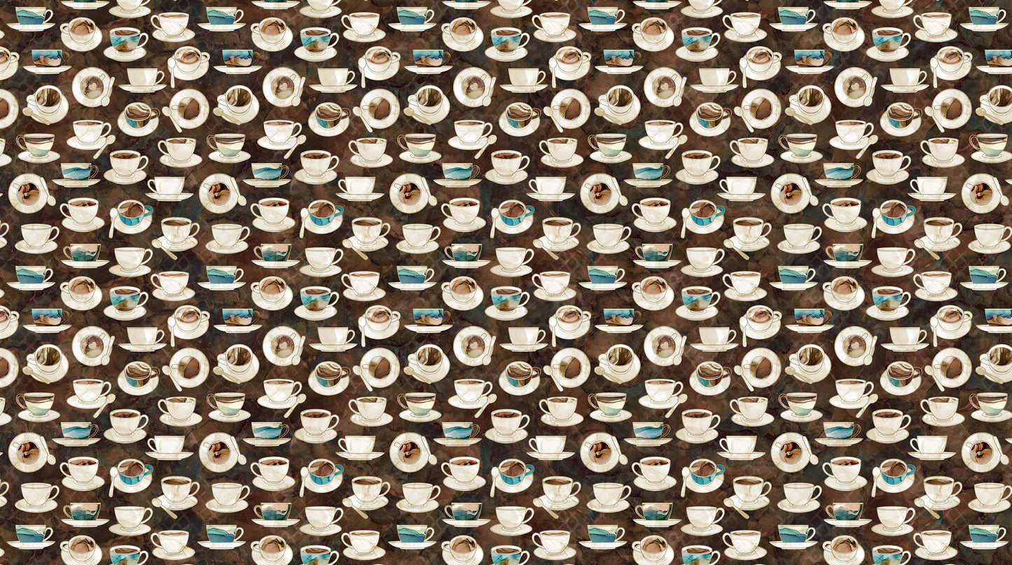 PREORDER ITEM - EXPECTED DECEMBER 2024: Barista by Deborah Edwards and Melanie Samra Digitally Printed Cups & Saucers Brown Multi DP27698-36 Cotton Woven Fabric