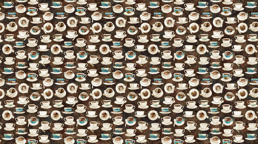 Barista by Deborah Edwards and Melanie Samra Digitally Printed Cups & Saucers Brown Multi DP27698-36 Cotton Woven Fabric