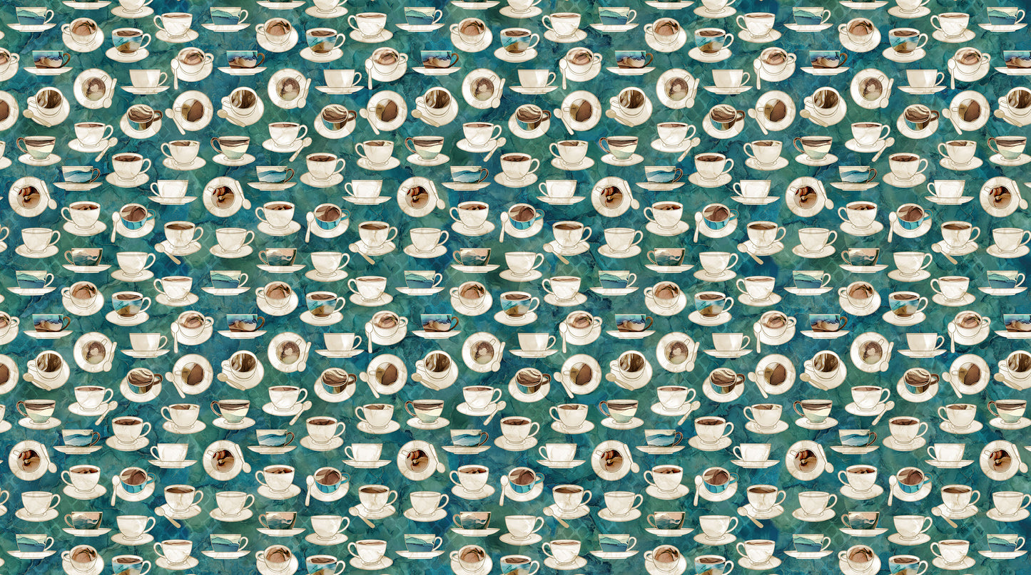 PREORDER ITEM - EXPECTED DECEMBER 2024: Barista by Deborah Edwards and Melanie Samra Digitally Printed Cups & Saucers Teal Multi DP27698-68 Cotton Woven Fabric