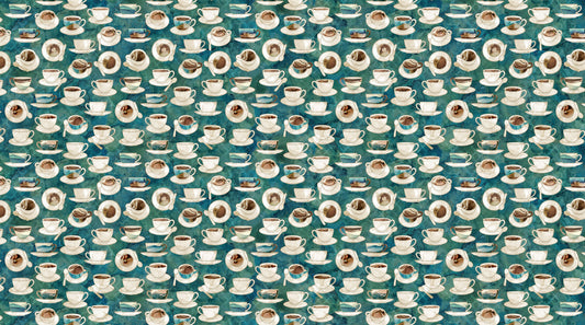 Barista by Deborah Edwards and Melanie Samra Digitally Printed Cups & Saucers Teal Multi DP27698-68 Cotton Woven Fabric