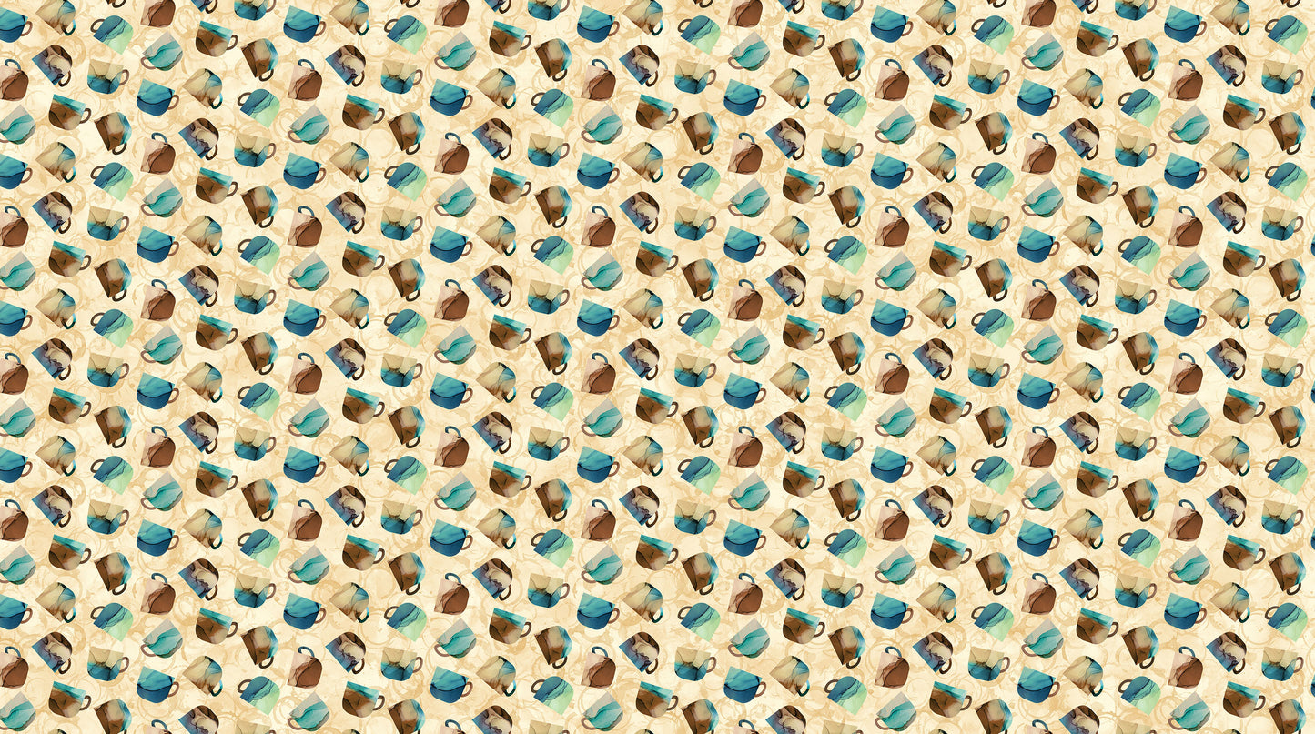 PREORDER ITEM - EXPECTED DECEMBER 2024: Barista by Deborah Edwards and Melanie Samra Digitally Printed Cups Ochre DP27699-14 Cotton Woven Fabric