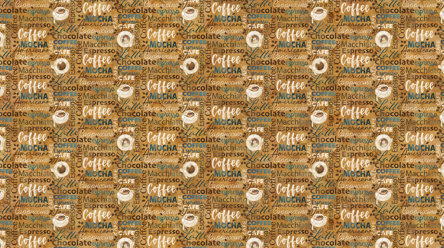 PREORDER ITEM - EXPECTED DECEMBER 2024: Barista by Deborah Edwards and Melanie Samra Digitally Printed Script Dk Ochre Multi DP27700-34 Cotton Woven Fabric