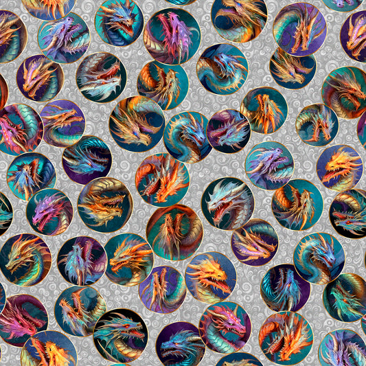 Dragon’s Song by Morris Creative Group Dragon Heads Gray 31153K Cotton Woven Fabric