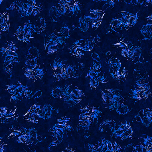 PREORDER ITEM - EXPECTED AUGUST 2025: Dragon’s Song by Morris Creative Group Dragon Linocut Royal    31154Y Cotton Woven Fabric