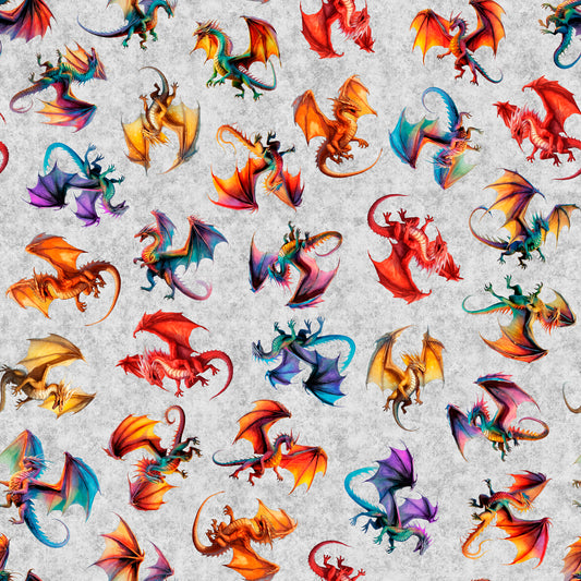 PREORDER ITEM - EXPECTED AUGUST 2025: Dragon’s Song by Morris Creative Group Dragons Tossed Gray    31151K Cotton Woven Fabric