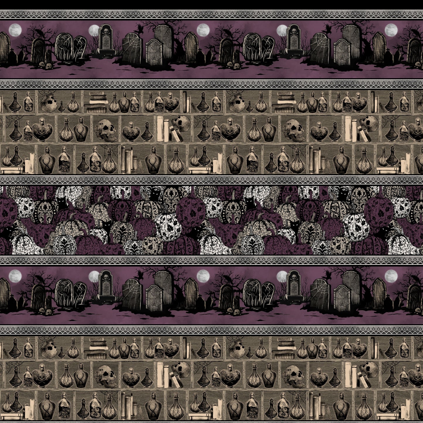Preorder June 2026: Darkly Enchanted Plum Stripe With Pumpkins, Cemetery, and Potion Shelf 4801-55 by Episodic Drawing