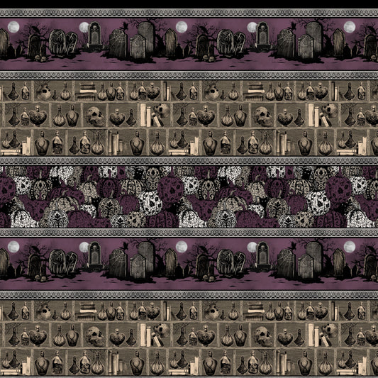 Preorder June 2026: Darkly Enchanted Plum Stripe With Pumpkins, Cemetery, and Potion Shelf 4801-55 by Episodic Drawing