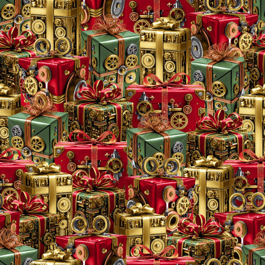 Preorder July 2026: Gears and Garland Steampunk Christmas Presents Red 4817-88 by Urban Essence Designs