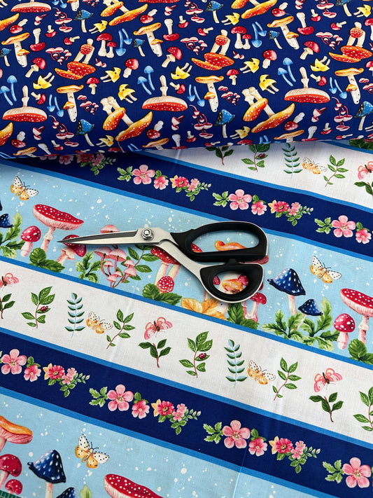 Enchanted Forest by Jane Alison Mushroom Tossed Blue Multi    1554-78 Cotton Woven Fabric