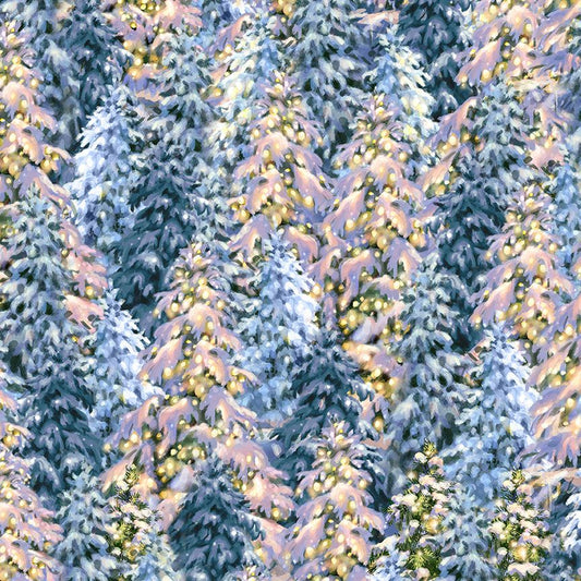 Christmas Eve by Dona Gelsinger Evergreens with Christmas Lights  .   DONA-CD3374-ICICLE Cotton Woven Fabric
