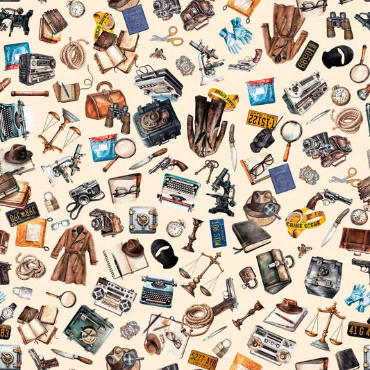 True Detective by Morris Creative Group Everything Detective Cream 30719E Cotton Woven Fabric