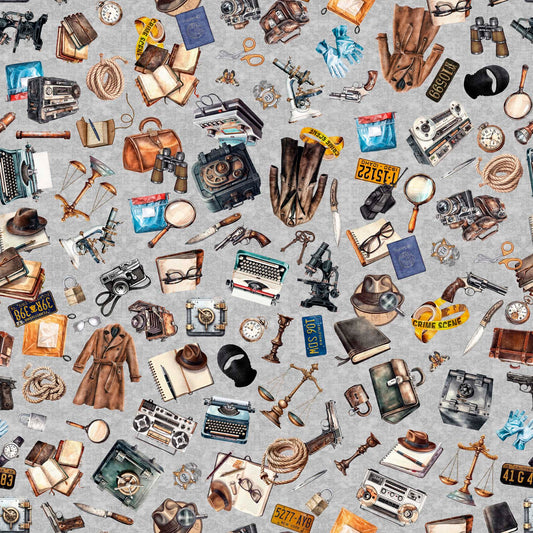 True Detective by Morris Creative Group Everything Detective Gray 30719K Cotton Woven Fabric