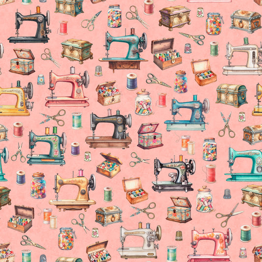 In Stitches by Morris Creative Group Everything Sewing Salmon 30655P Cotton Woven Fabric