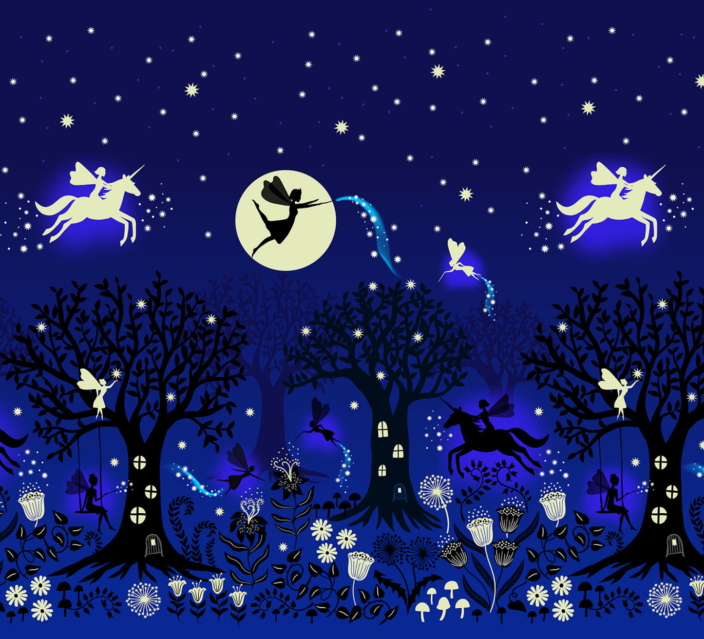 New Arrival: Glow Fairies (Glow in the Dark) Fairy Glow Double Edge Border Night    A867.3 Cotton Woven Fabric