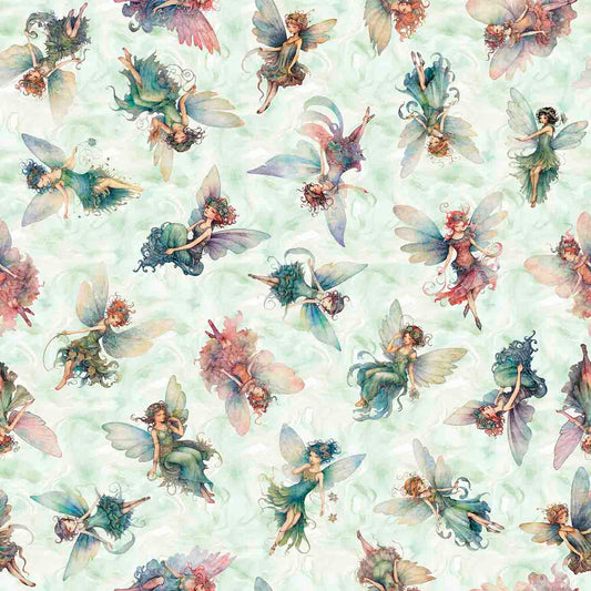 Enchanted by Morris Creative Group Fairy Toss Light Sage    30761Q Cotton Woven Fabric