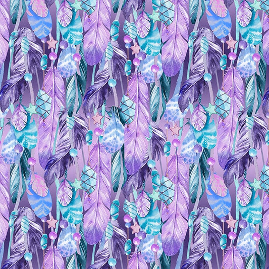 Gypsy Violet Digital by Sheena Pike Feathers Lilac 3652-50 Cotton Woven Fabric