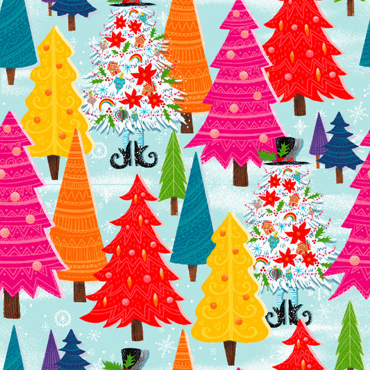 PREORDER ITEM - EXPECTED JUNE 2025: Holidazzle by Emiko Rainbow Collection Festive Trees Blue    23772-BLU Cotton Woven Fabric