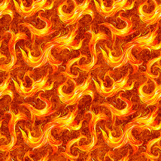 PREORDER ITEM - EXPECTED AUGUST 2025: Dragon’s Song by Morris Creative Group Flames Orange    31155O Cotton Woven Fabric
