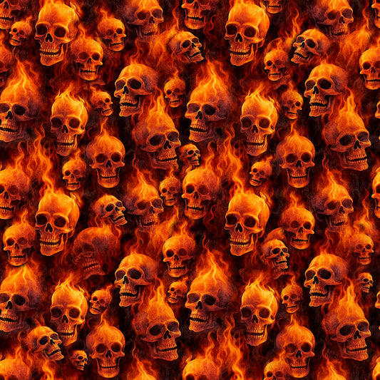 PREORDER ITEM - EXPECTED MAY 2025: Gotta Have it by Morris Creative Group Flaming Skulls Burnt Orange    31185O Cotton Woven Fabric