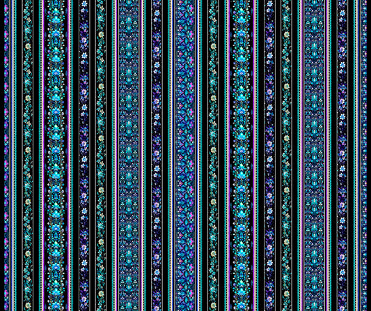 Fantasia by Dan Morris Floral Border Stripe Black 30965J Cotton Woven Fabric