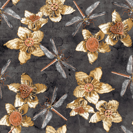 PREORDER ITEM - EXPECTED FEBRUARY 2025: Full Steam Ahead Flowers with Dragonflies Charcoal    3934-95 Cotton Woven Fabric