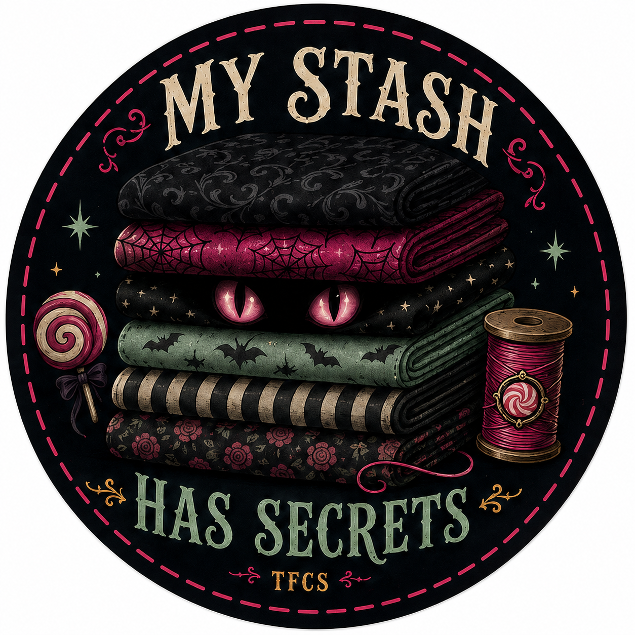 3 Inch Vinyl Gloss Sticker My Stash Has Secrets Designed by The Fabric Candy Shoppe