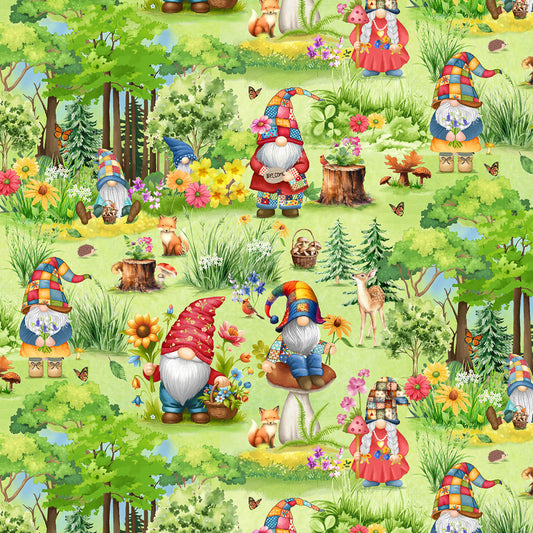 HIppie Gnomes Garden Green    CD3739-GREEN Cotton Woven Fabric