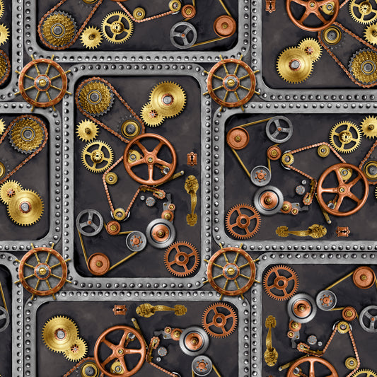 Full Steam Ahead Gears on Doors Charcoal 3925-95 Cotton Woven Fabric