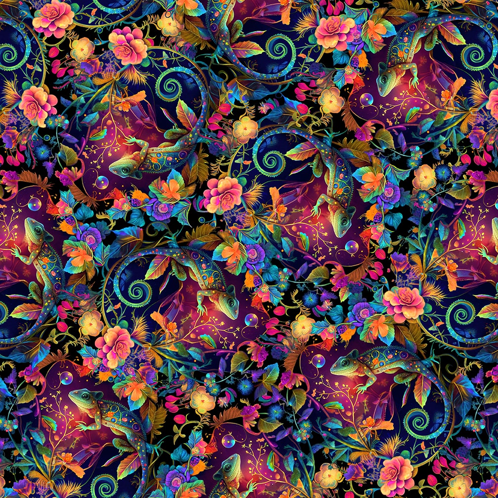 Night Garden Digital by JT Stewart_Duirwagh Studios Geckos Blue 3554-75 Cotton Woven Fabric