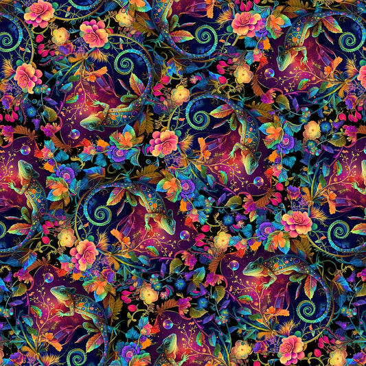 Night Garden Digital by JT Stewart_Duirwagh Studios Geckos Blue 3554-75 Cotton Woven Fabric