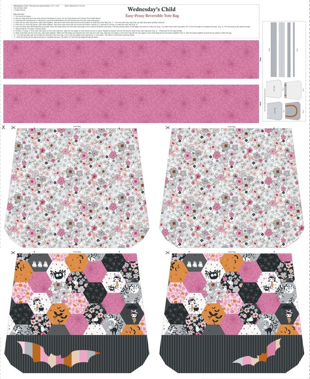 Preorder June 2027: Wednesday's Child Bag Panel Charcoal & Pink 3085PH-92 Fabric